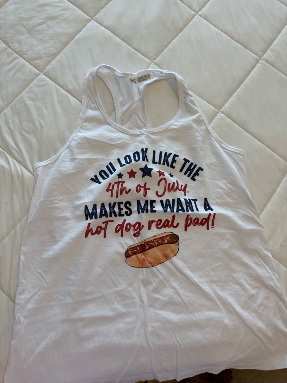 Bella Canvas White Tank with Red & Blue Patriotic Hot Dog Graphic